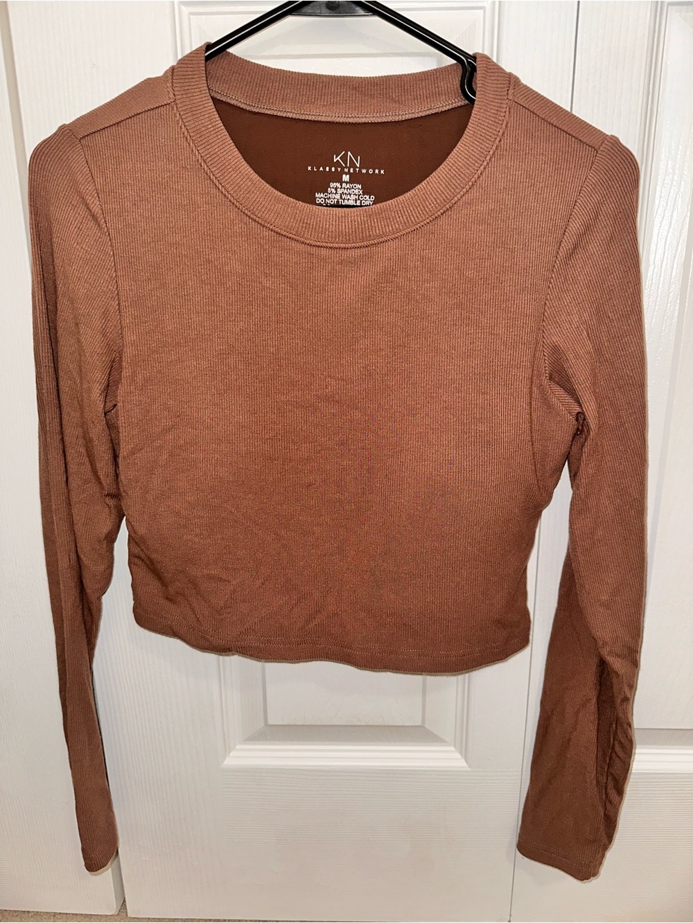 Klassy Network Rust Brown Ribbed Long-Sleeve Crop Top